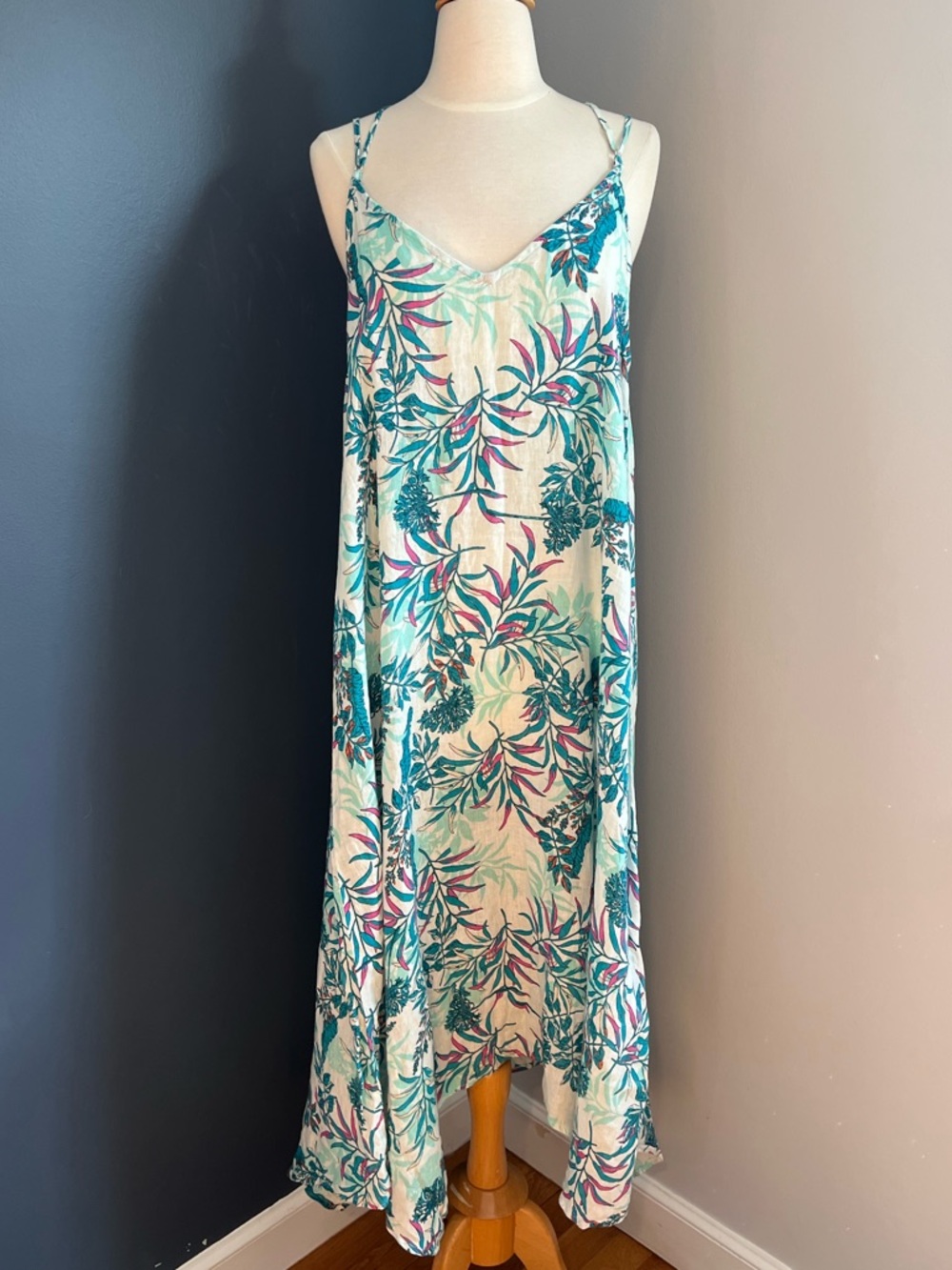 Cynthia Rowley Ivory Teal Tropical Linen Midi Dress Strappy Handkerchief Hem